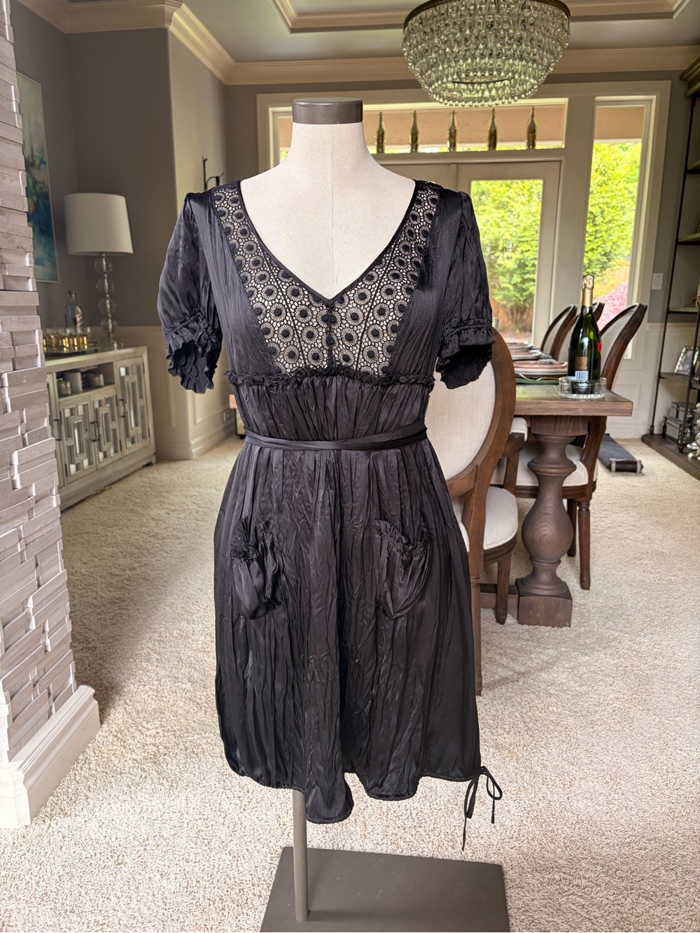Tree Black V-Neck Mini Dress with Eyelet Yoke